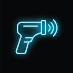 Blue neon icon of an infrared thermometer sending a signal on a black background