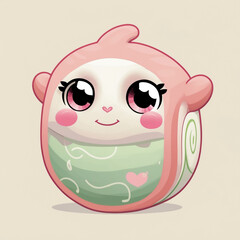 Kawaii pink and mint green swirl roll character with sparkling eyes and heart-shaped nose