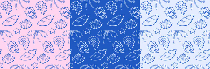 Elegant hand drawn Seashell and Pearls bow Seamless Pattern Set. Nautical Vector Background. Great for packaging, textile, stationery, and summer product. Vector doodle style, three color options.