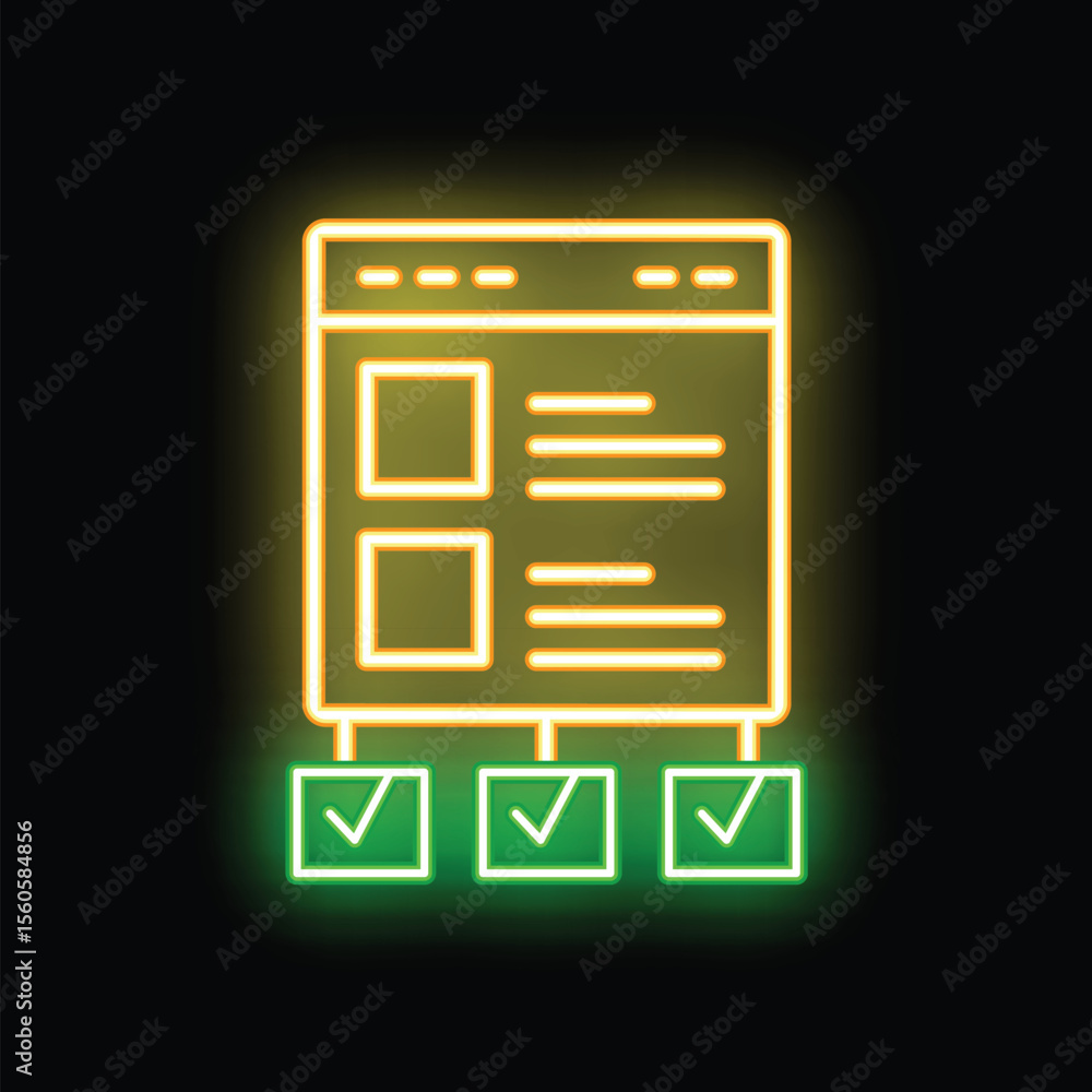 Poster neon sign of a website displaying an online survey with three check marks underneath