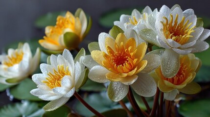 Naklejka premium Beautiful water lilies float serenely in a pond, displaying petals of white and yellow with bright, sunny centers under soft, diffused light