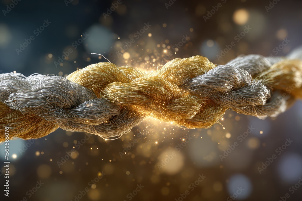 Poster sparkling twisted rope with gold and silver threads on blurred background