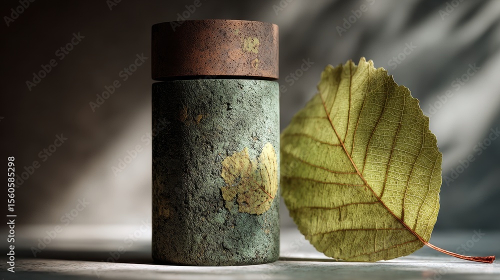Poster rustic cylinder container with leaf, showcasing earthy tones and natural textures on a tabletop