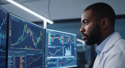 Focused Data Analyst Examining Financial Market Trends on Multiple Monitors