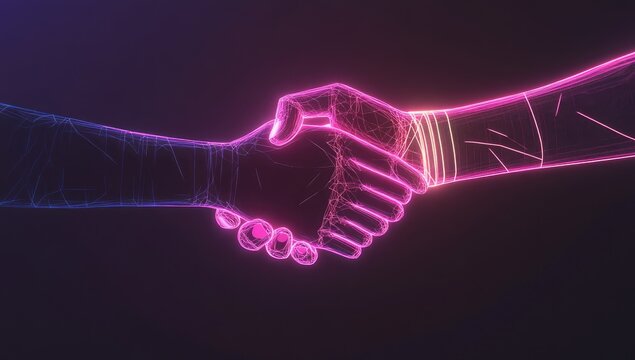 Two digital hands shaking. Neon-hued, wireframe style. Abstract, futuristic, partnership - Powered by Adobe