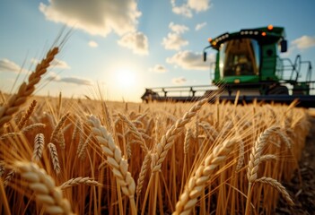 Wheat field with a combine harvester under a beautiful sunset sky