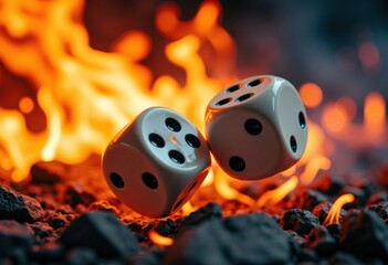 Two white dice with black dots lie on burning embers, creating a dramatic and intense scene