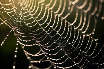 A spiderweb covered in water droplets glistening in the morning sunlight
