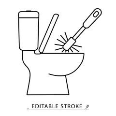 A toilet cleaning icon in minimalist style with editable stroke. Sanitation tool, bathroom hygiene, toilet brush in bowl, household cleaning, restroom maintenance, outline object