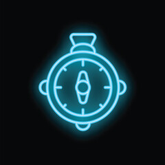 Blue neon sign showing a compass on a black background