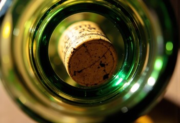Close-up view of a wine bottle cork inside a green glass bottle