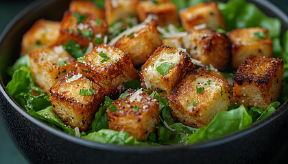 Crispy Croutons on Fresh Lettuce in a Bowl Food Styling