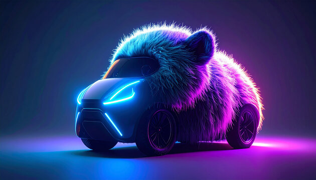 Cute furry car with glowing neon lights and animal ears in a surreal, imaginative concept art style.