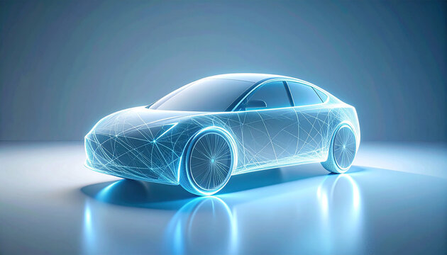 3D render of a holographic electric car made of glowing blue wireframe lines. Futuristic automotive tech design.