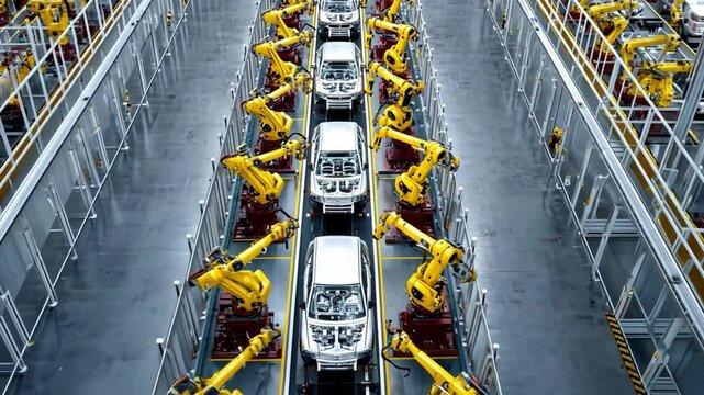 Automated Car Manufacturing Process with High-Tech Robots in Modern Factory Setting