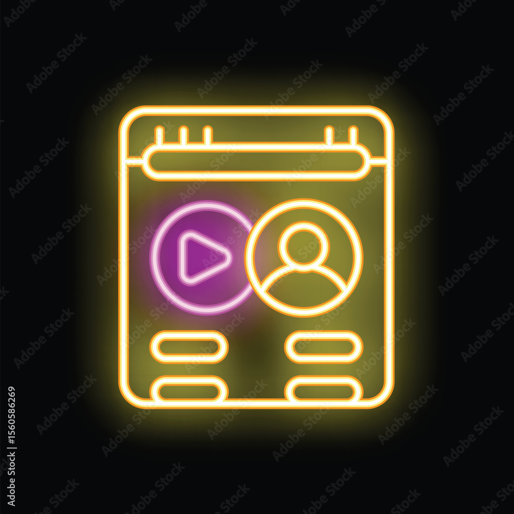 Poster neon sign illuminating a video player interface with a user profile, a play button, and menu options