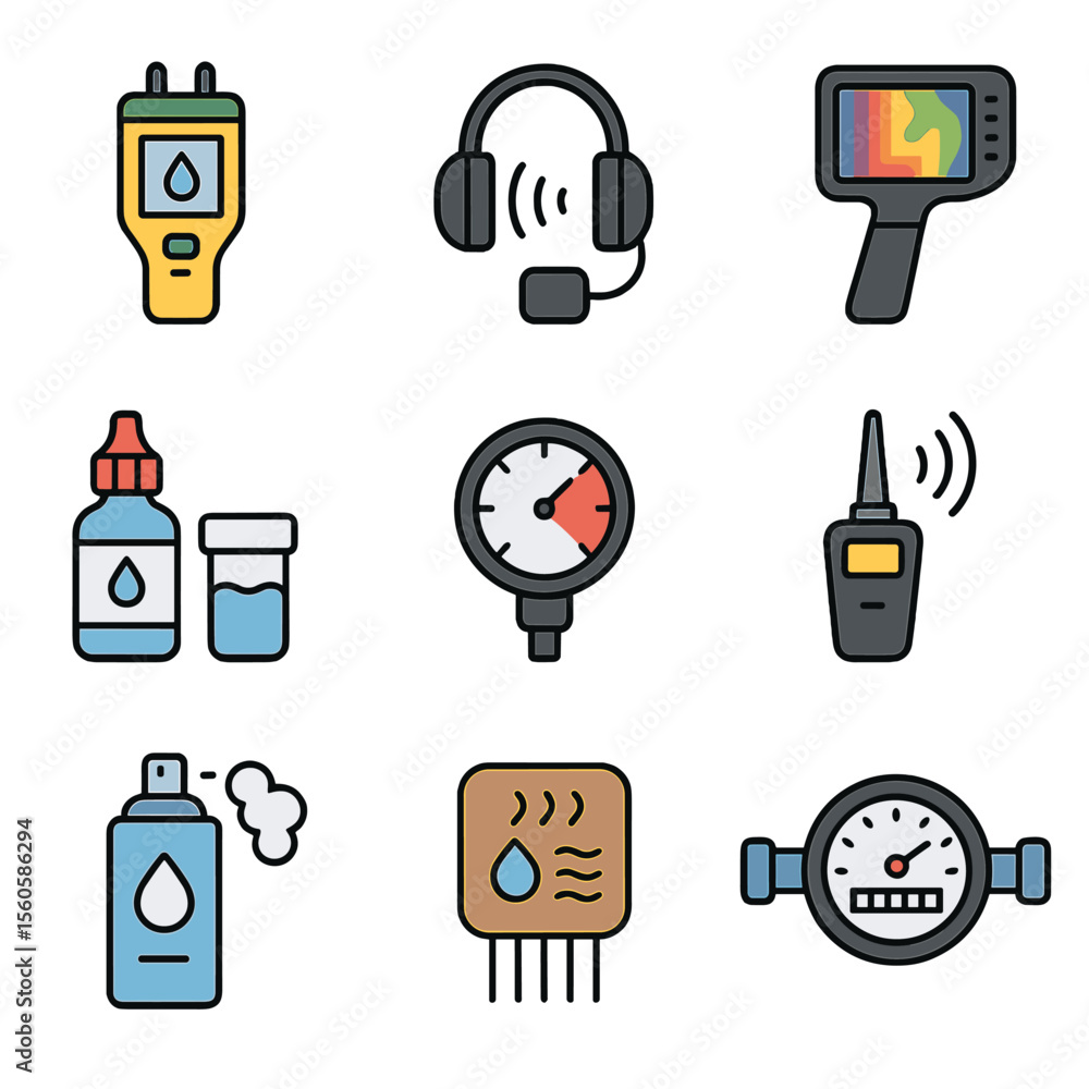 Poster leak detection icons. flat icon set of leak detection methods: moisture meter, acoustic detector, in
