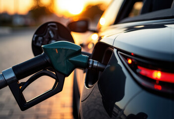 Electric vehicle charging port with a charging cable connected during sunset
