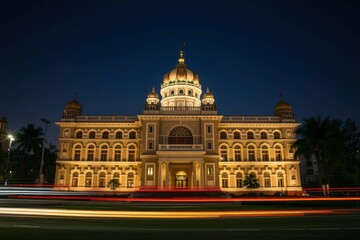 Lit palace against a dark sky captured with long exposure Light trails of cars across the road