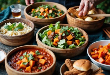 Fototapeta premium Assorted vegetable dishes and bread served in wooden bowls for a hearty meal