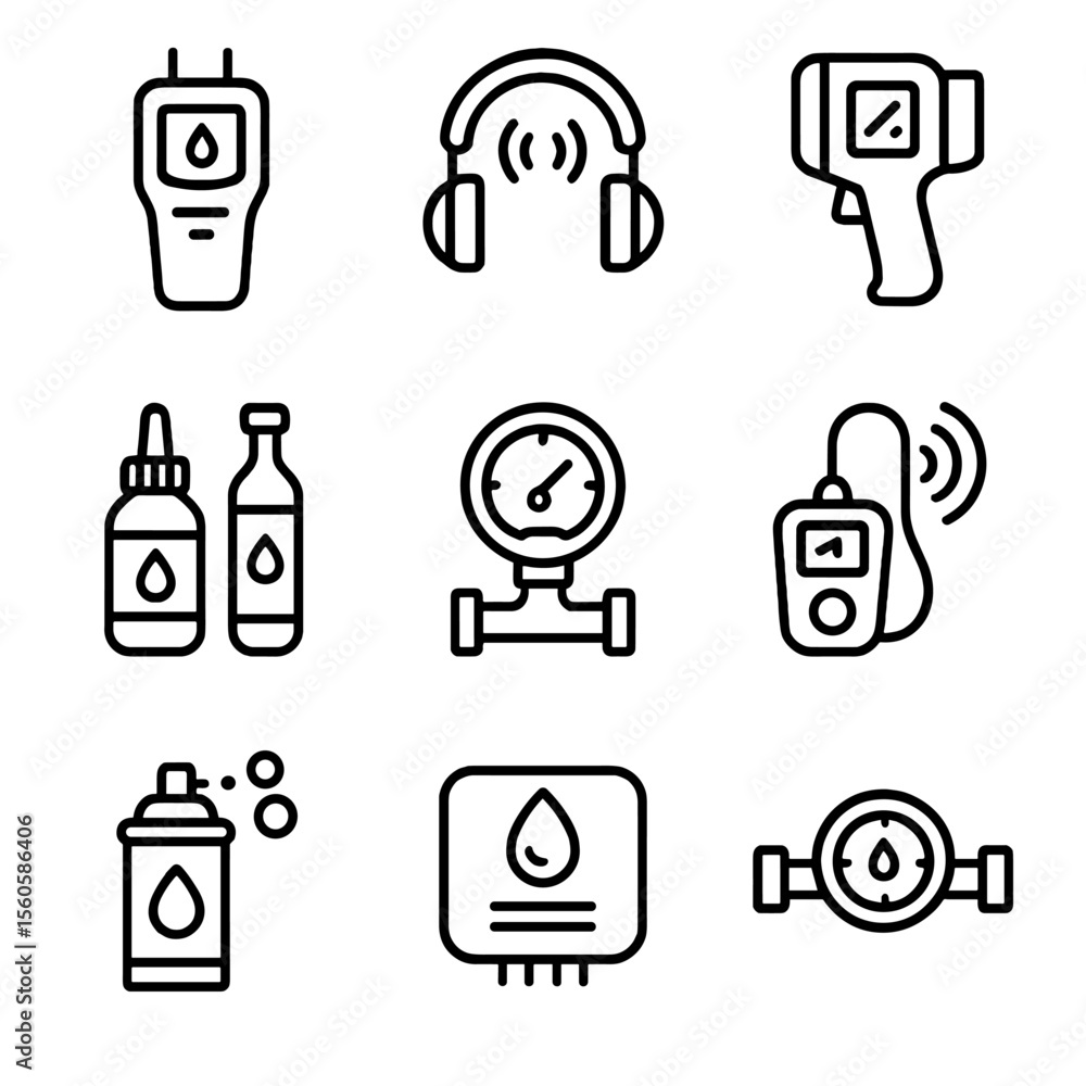 Aufkleber leak detection icons. outline icon set of leak detection methods: moisture meter, acoustic detector,