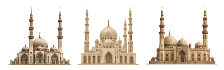 Mosque architectural renderings, variations of a single design.