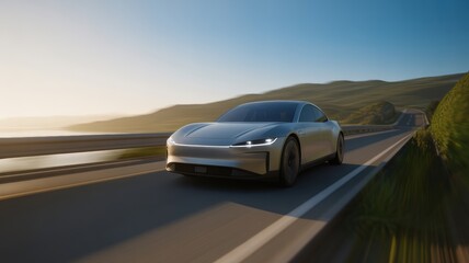 Obraz premium A sleek, futuristic car speeds along a scenic coastal road under a clear blue sky