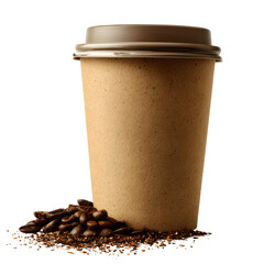 Coffee to go in paper cup with beans and grounds