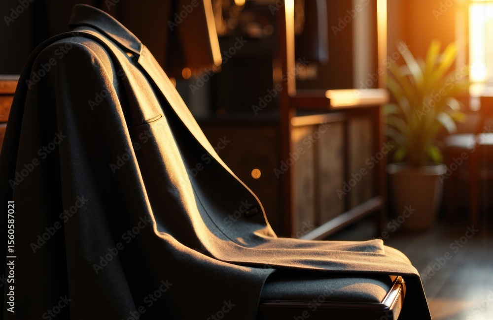 Aufkleber empty chair with a coat draped over it in warm sunlight, creating a calm and inviting atmosphere sui