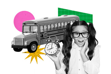 3d zine full image artwork collage of shocked girl show alarm clock stand school bus pupil...