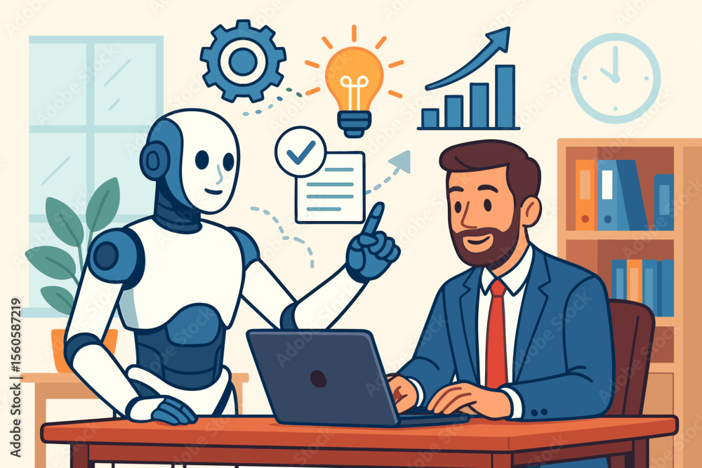 Poster artificial intelligence enhancing human productivity. ai robot assistant helping businessman in offi