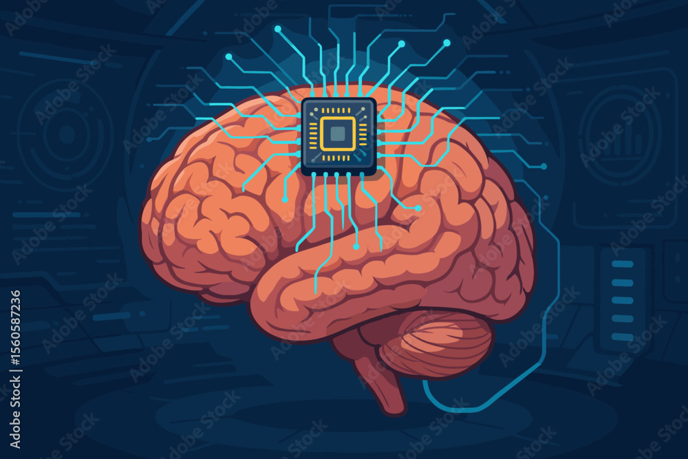 Aufkleber brain computer interface bci concept. ai technology. microchip implant in human brain. neuroscience.