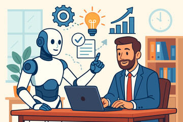 Artificial intelligence enhancing human productivity. AI robot assistant helping businessman in office. Concept of business automation, workflow optimization, innovation, and growth.