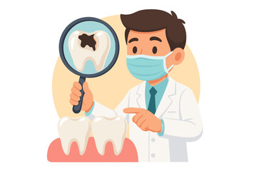 Dentist examining tooth decay with a magnifying glass. Dental health checkup concept. Doctor showing caries problem and disease. Stomatology, oral hygiene and healthcare vector illustration.