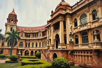 Obraz premium Opulent building with domed roofs colonnades and green gardens