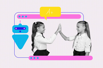Full 3d art trend collage of two happy classmates schoolgirls give high-five clap gesture robot ai...