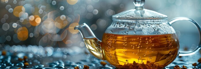 A close-up of a glass teapot filled with amber tea, surrounded by decorative stones and a blurred background.