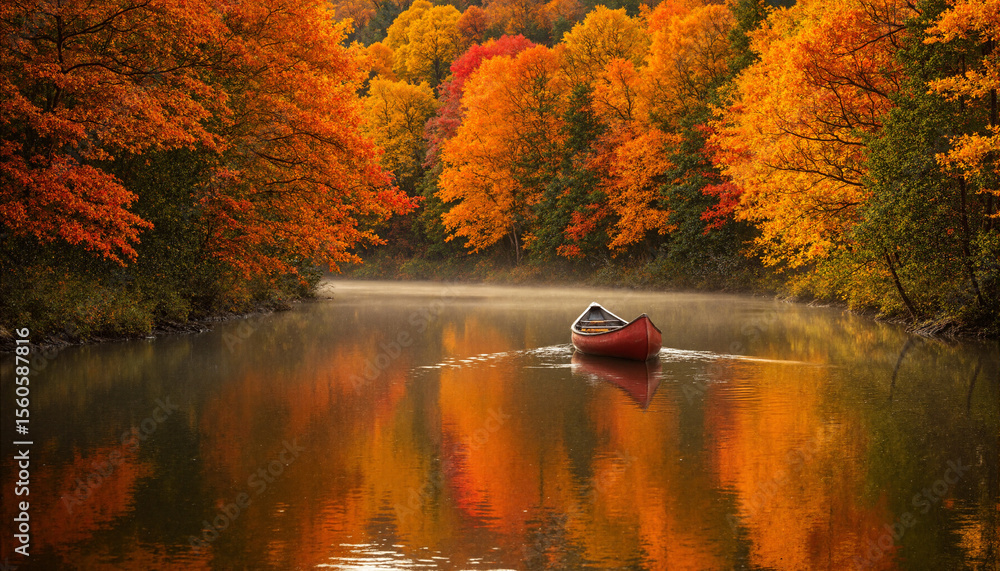 Poster the image shows a red canoe floating on a lake surrounded by trees in the fall. the trees are adorne
