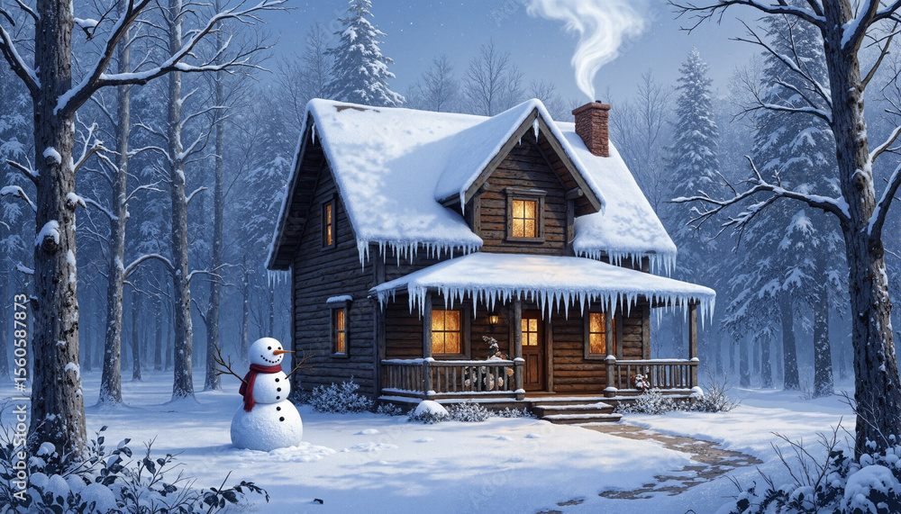 Poster the image shows a cozy cabin in the woods with a snowman in front of it. the cabin is covered in a b