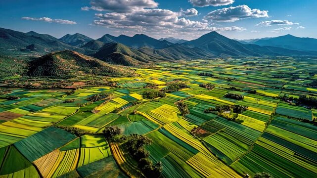 Scenic Aerial View of Colorful Agricultural Fields Surrounded by Majestic Mountains and Blue Sky