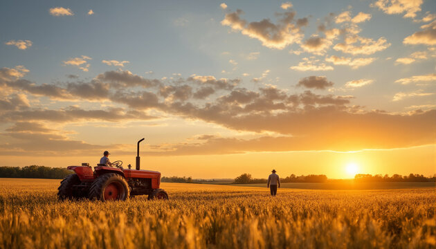 The image shows a man driving a red tractor in a field of wheat at sunset. The sky is a beautiful mix of oranges