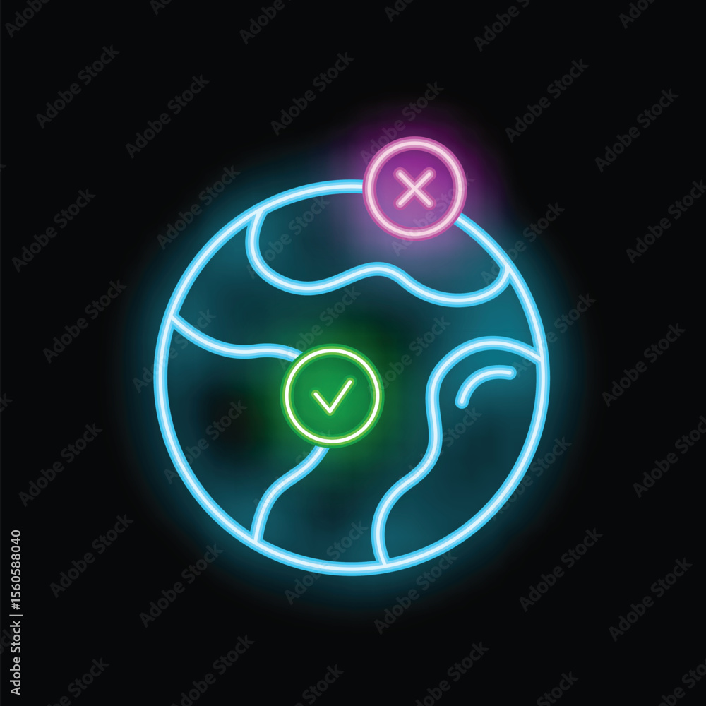 Poster glowing neon line icon of planet earth is showing right and wrong choices