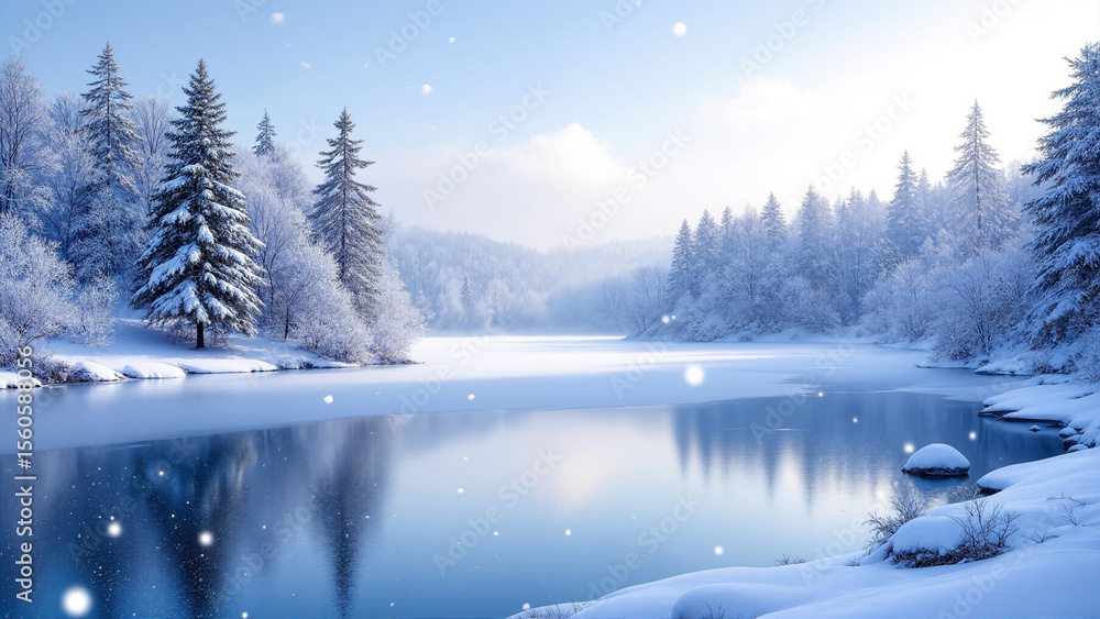 Poster the image shows a beautiful winter landscape with a lake in the middle surrounded by snow-covered tr