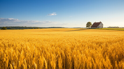 The image shows a field of ripe wheat with a house in the background