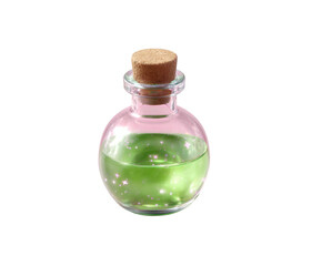 A glowing green potion bottle with magical sparkle and a cork top.