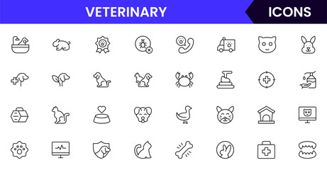 Veterinary vector web line icon collection, clean illustrations of pet care, medical tools, and animal health for compassionate designs.