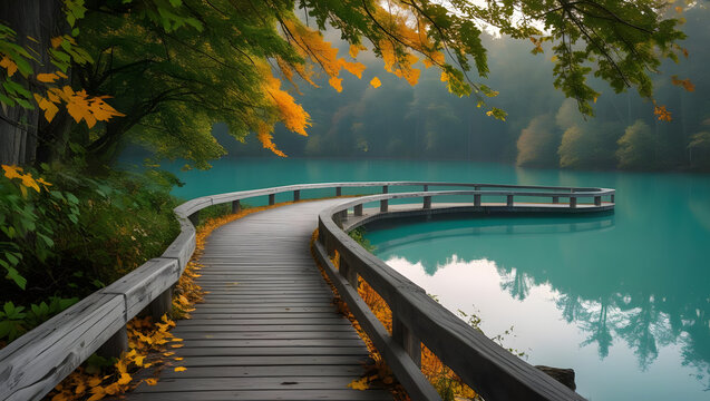 Serene Forest Pathway Along a Turquoise Riverside in Autumn