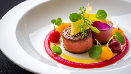 The image shows a white plate topped with a variety of food items
