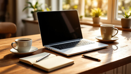The image shows a laptop computer sitting on top of a wooden table