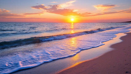 The image shows a beautiful sunset over the ocean with waves crashing onto the beach. The sky is painted with a mix of vibrant oranges